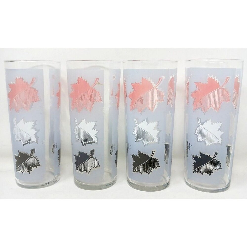 4 Libbey Frosted Glasses FallingLeaves Pink White Black MCM MidCenturyModern BS4